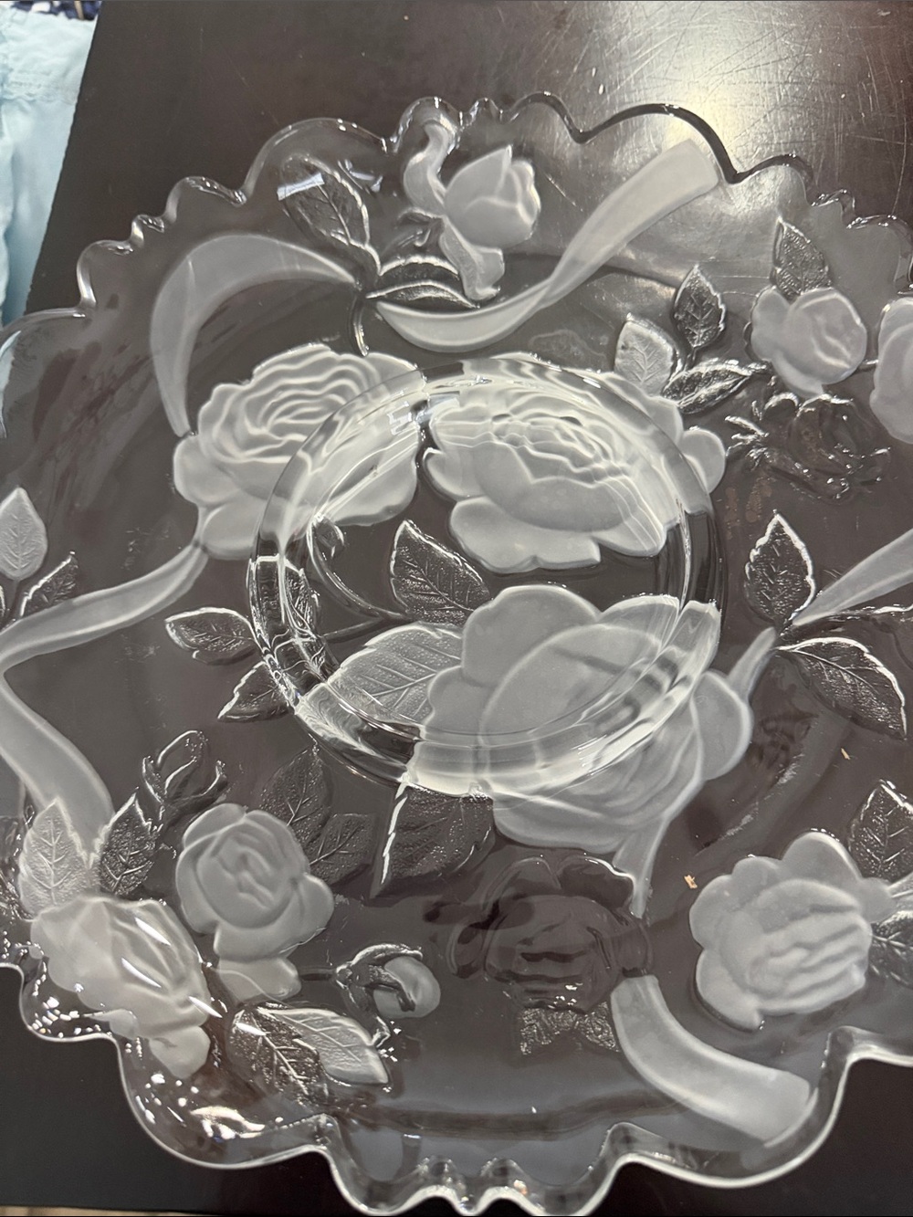 Laura Scott Clear Floral Etched Glass Serving Platter for chips and salsa
